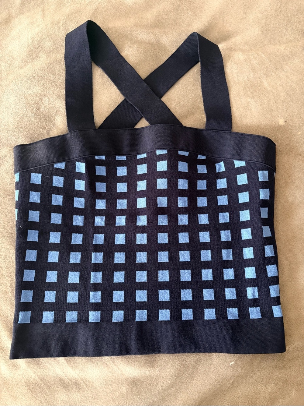 DEREK LAM 10 COSBY Navy Blue Square-Pattern Knit Tank Top.